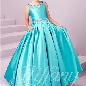 Tiffany Princess 13485 Gown, Turquoise, Size 16, No Alterations